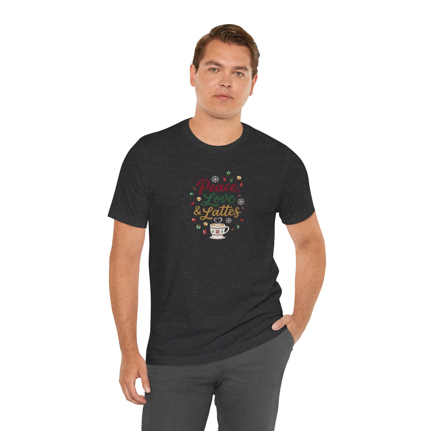 Peace, Love & Lattes Christmas T-Shirt | Festive Coffee Lover Tee