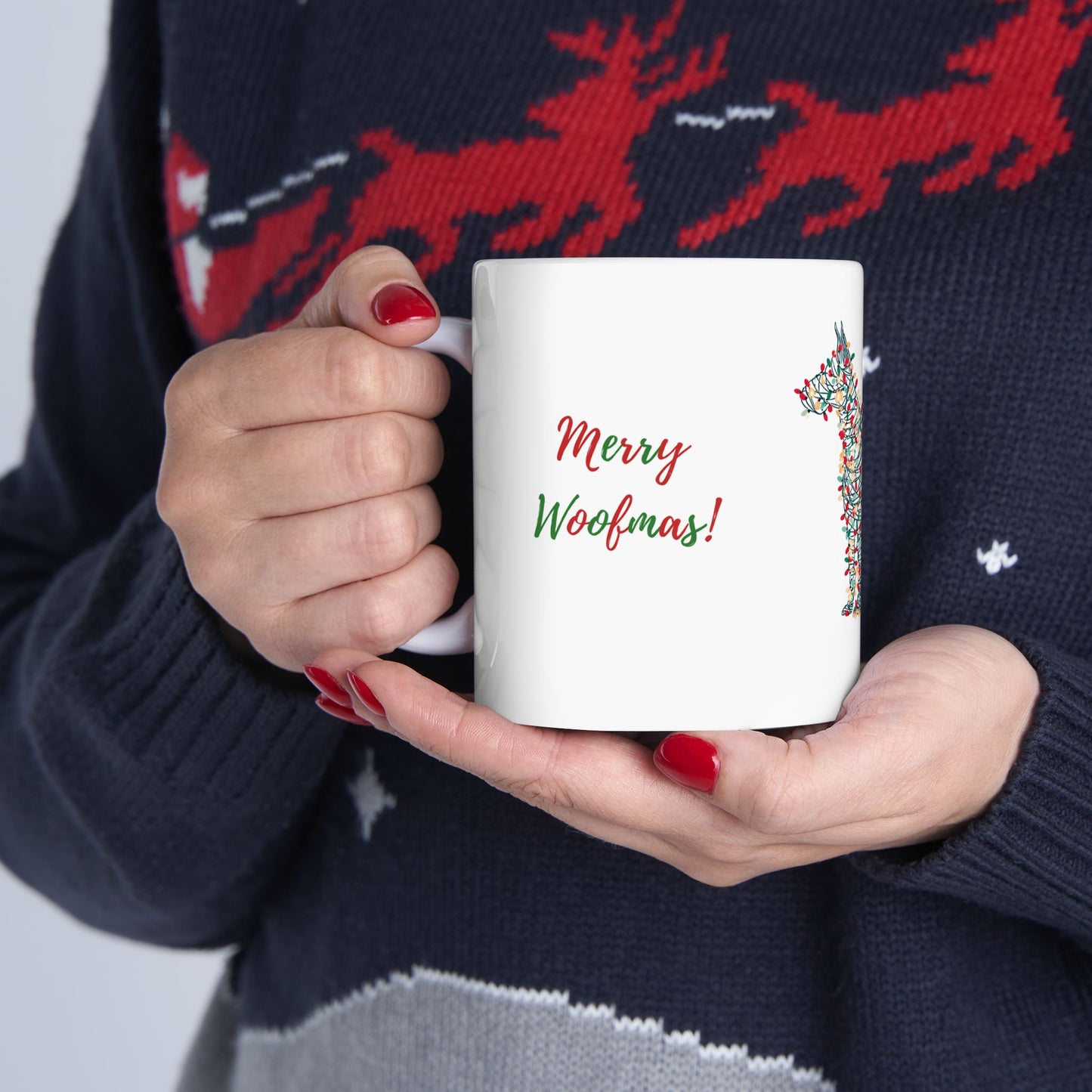 Merry Woofmas! Dog Christmas Mug — Full Wrap Design (White)