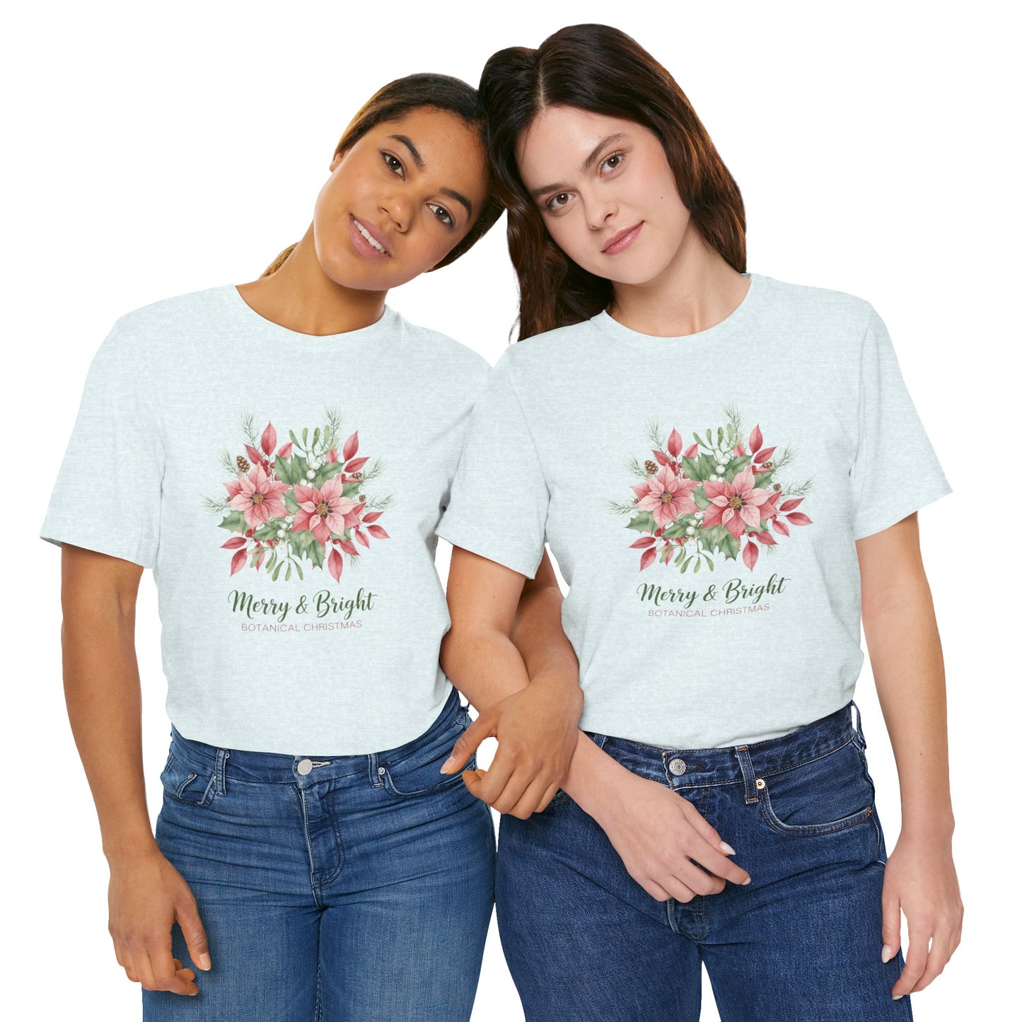 Merry & Bright Floral T-Shirt | Botanical Christmas Tee with Poinsettias