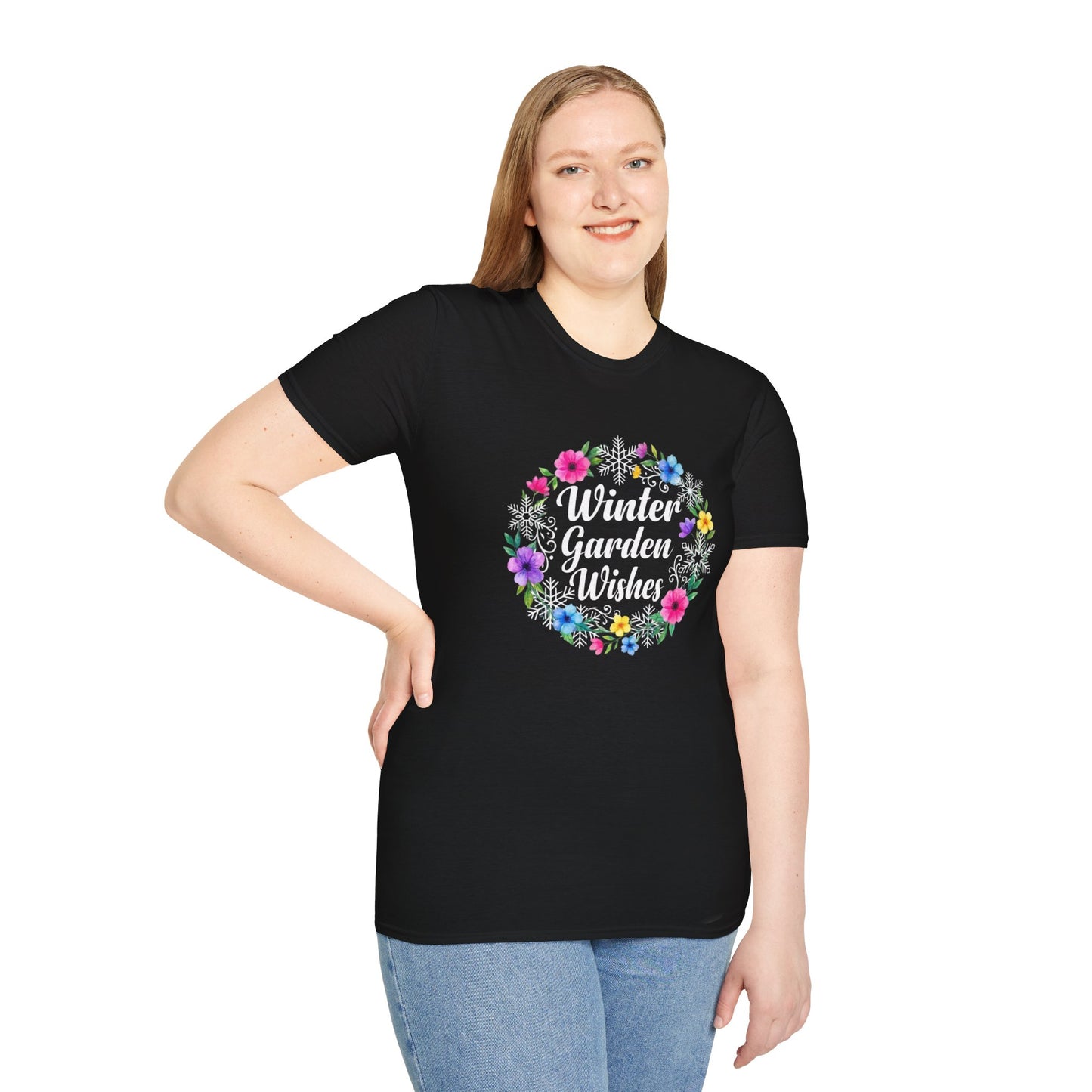 Winter Garden Wishes T-Shirt | Floral Winter Tee (Dark Colors)