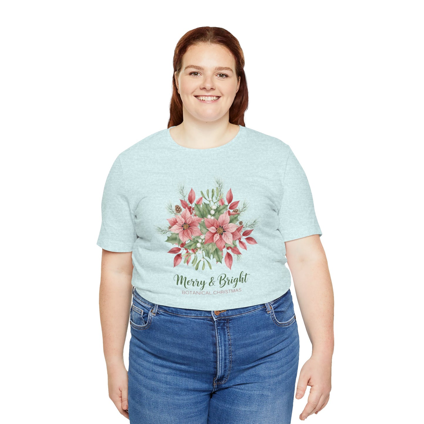 Merry & Bright Floral T-Shirt | Botanical Christmas Tee with Poinsettias