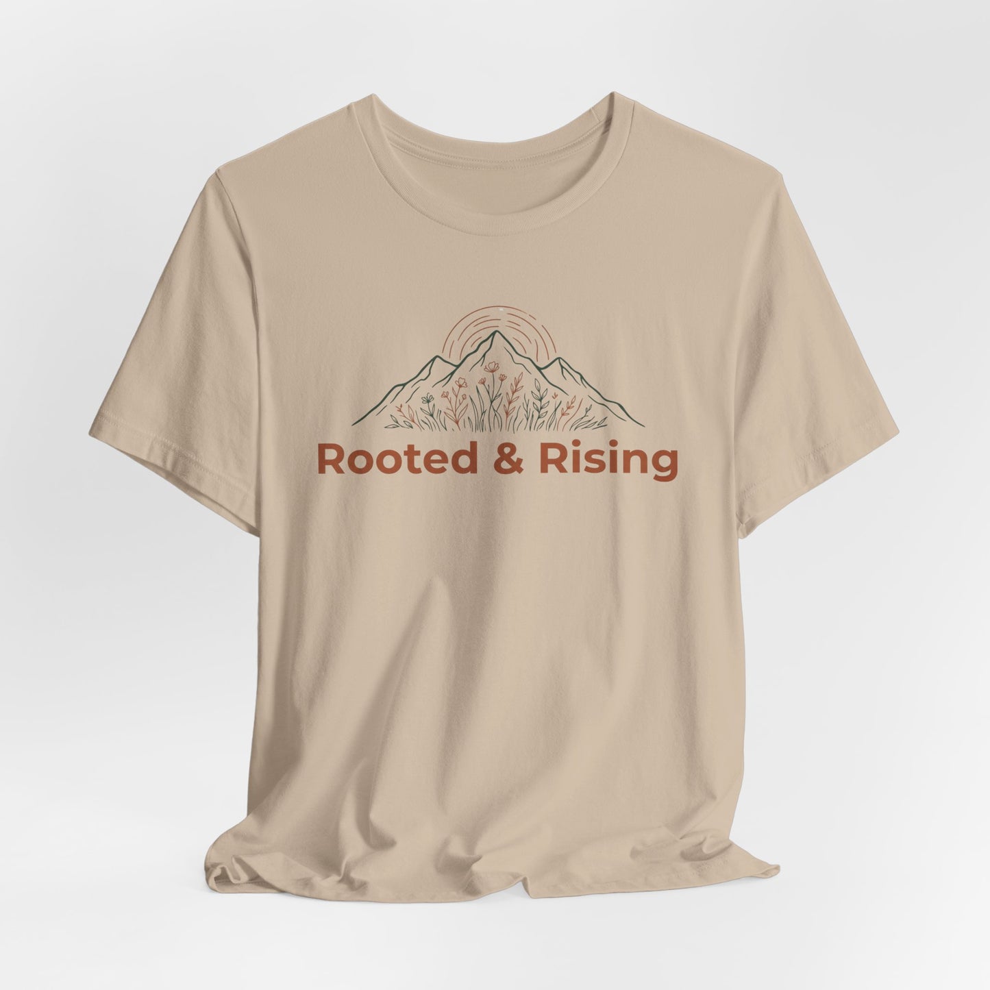 Rooted and Rising T-Shirt | Nature Adventure Spring Tee | Mountain Shirt | Outdoor Graphic Tee | Hiking Gift