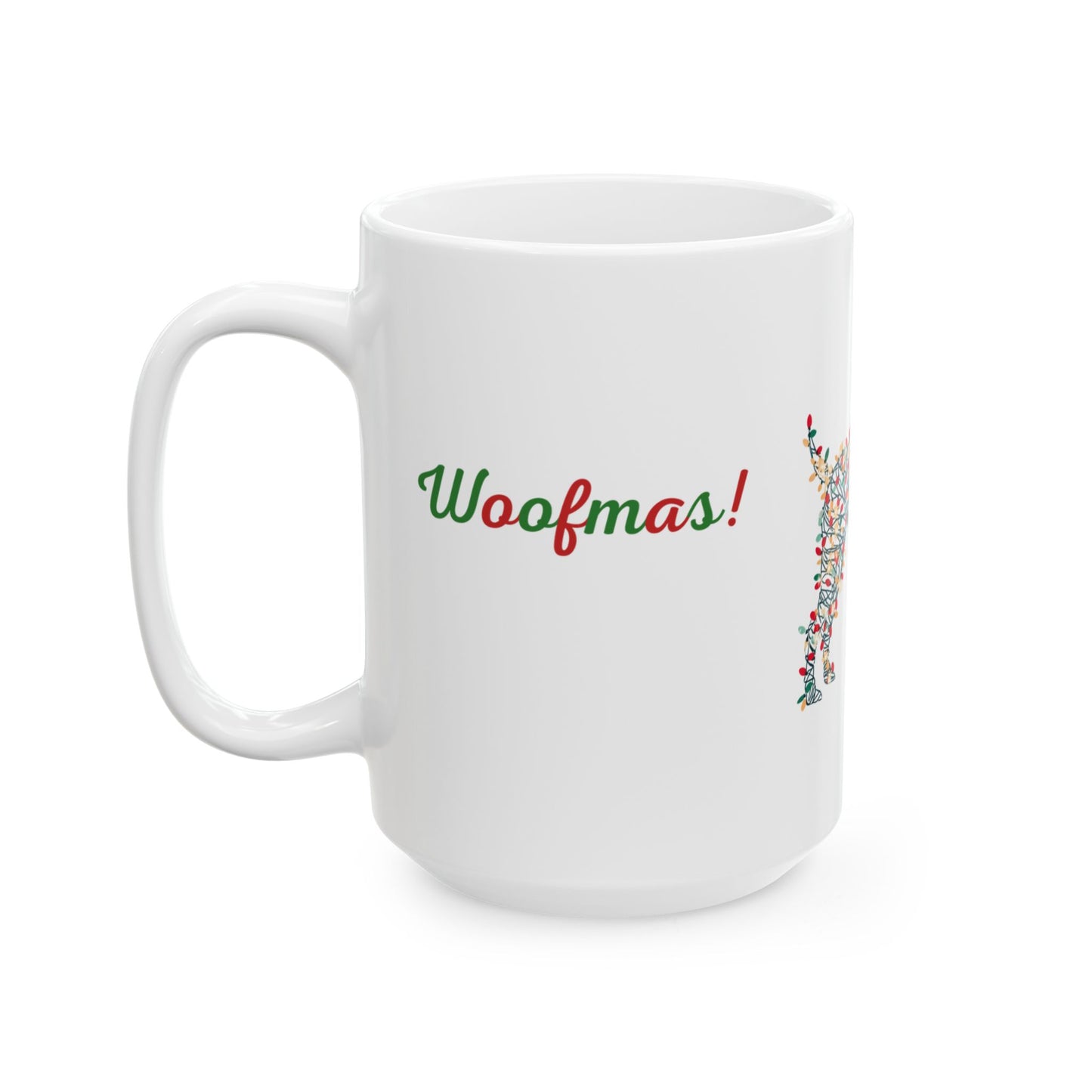 Merry Woofmas! Dog Christmas Mug — Full Wrap Design (White)