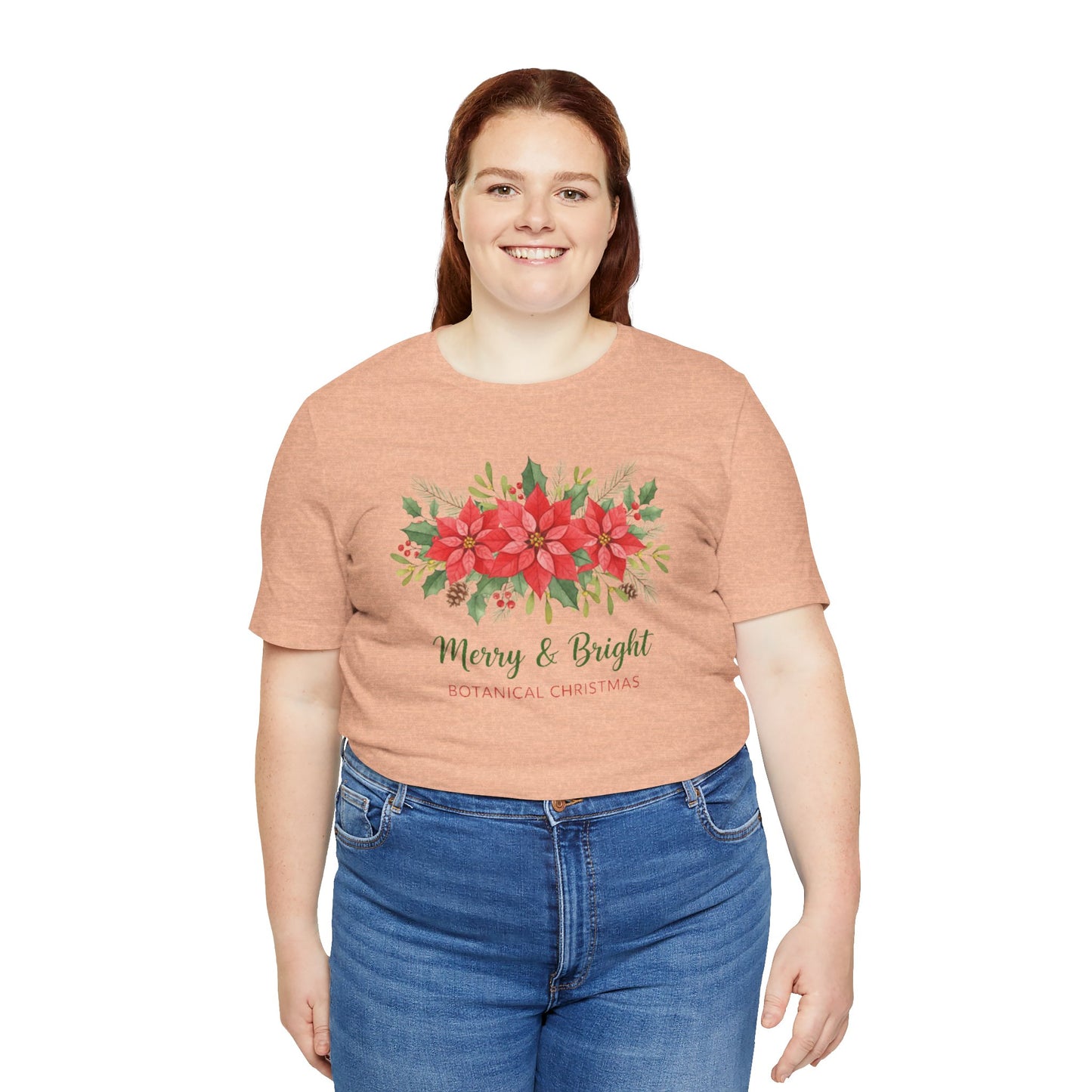 Merry & Bright Botanical Christmas T-Shirt | Festive Poinsettia Floral Tee