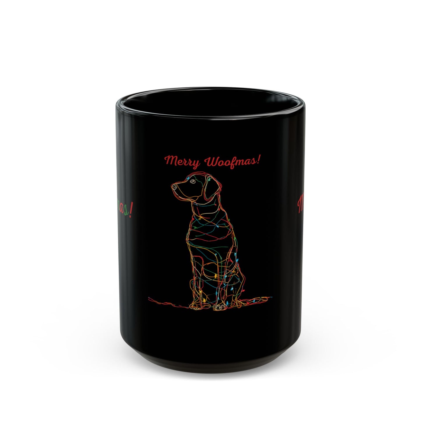 Merry Woofmas! Dog Christmas Mug — Black (Wrap + Center Designs)