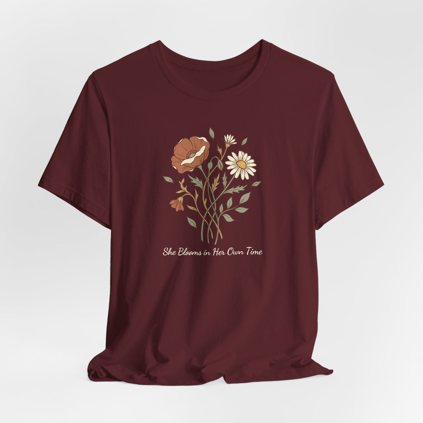 She Blooms in Her Own Time T-Shirt | Spring Botanical Tee