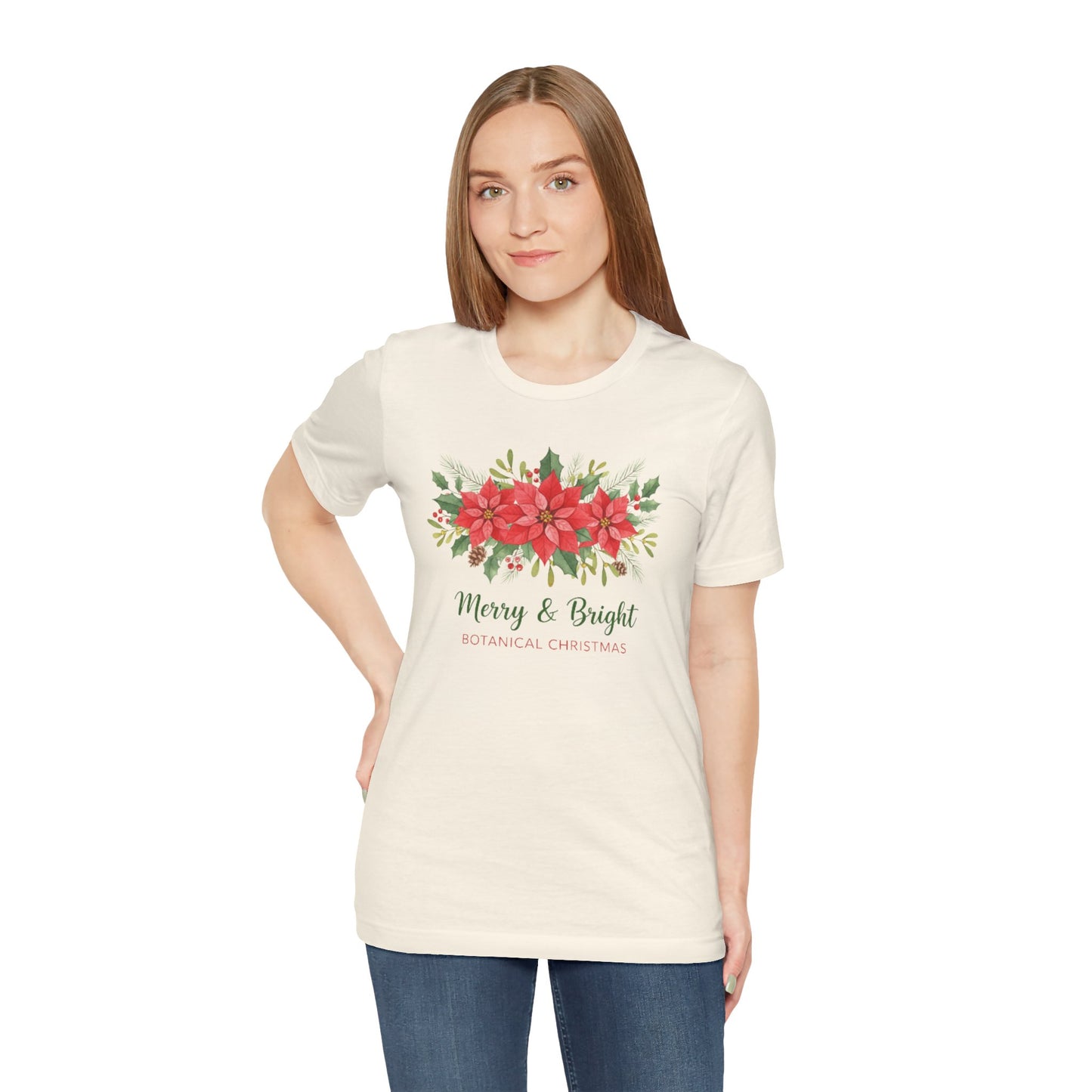 Merry & Bright Botanical Christmas T-Shirt | Festive Poinsettia Floral Tee