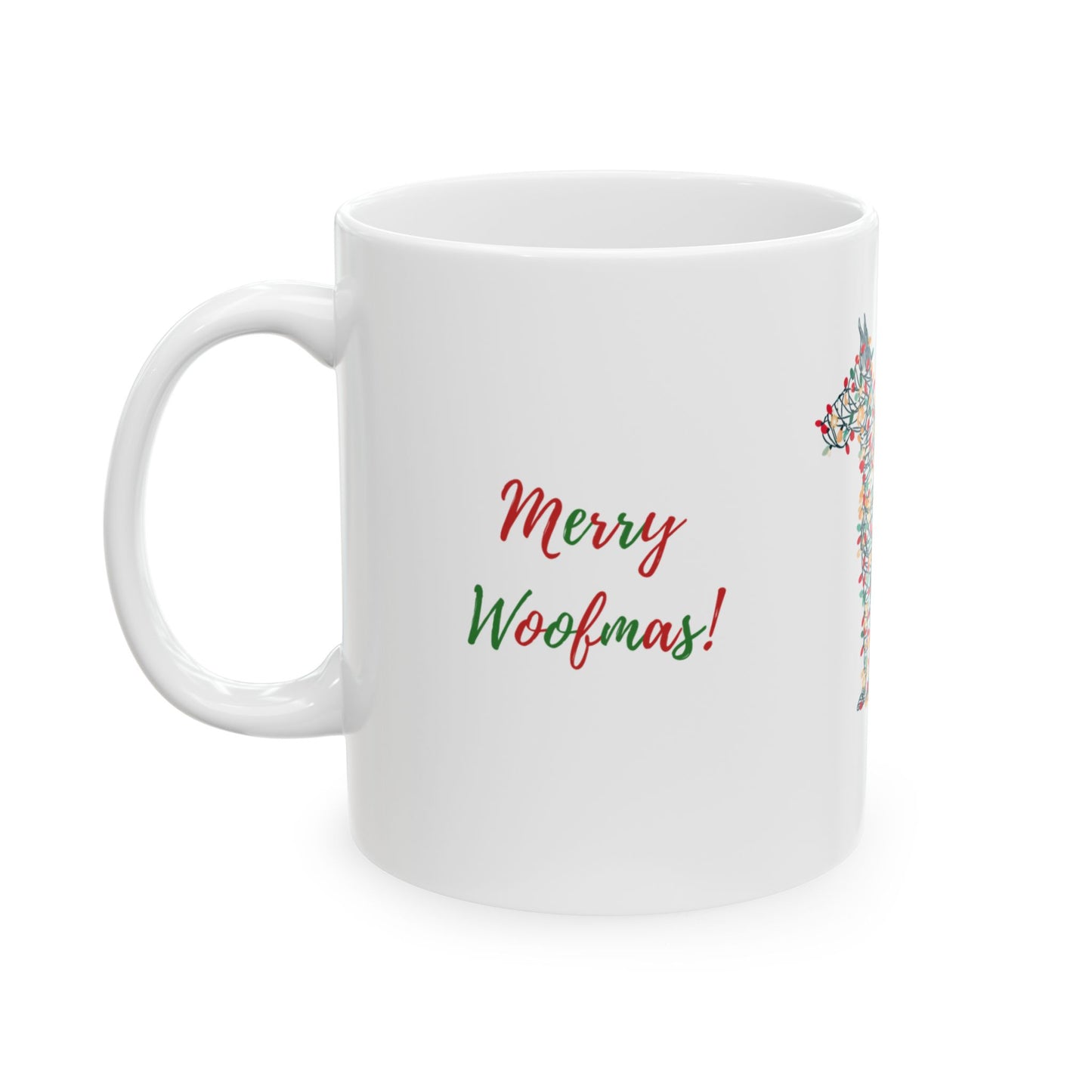 Merry Woofmas! Dog Christmas Mug — Full Wrap Design (White)