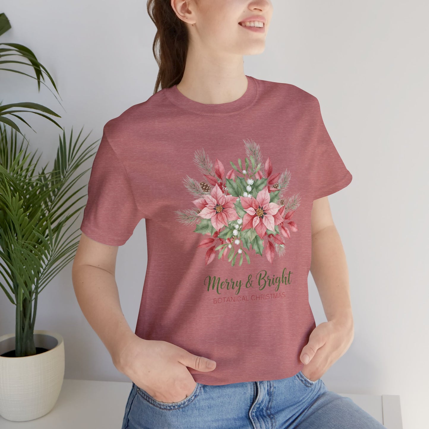 Merry & Bright Floral T-Shirt | Botanical Christmas Tee with Poinsettias