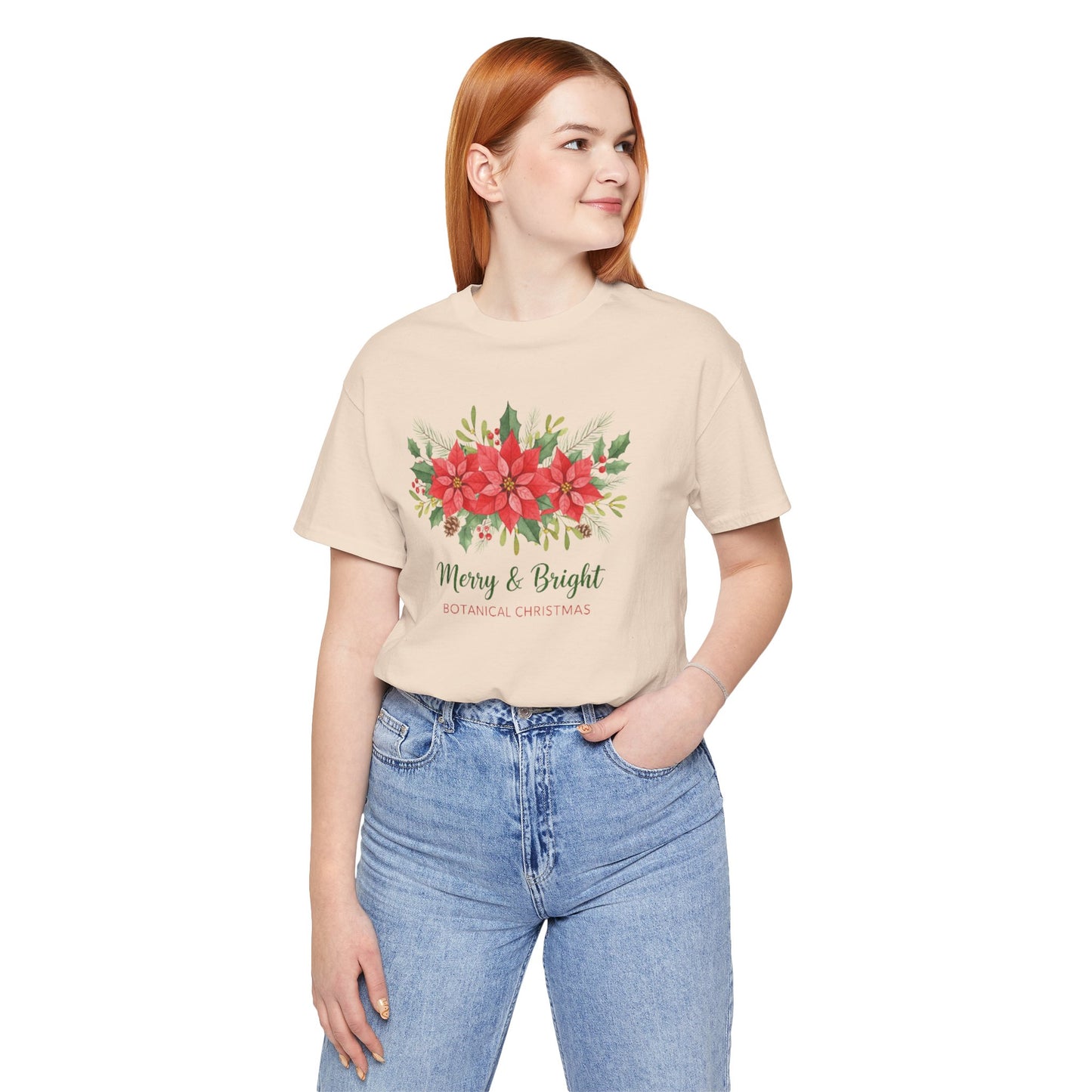 Merry & Bright Botanical Christmas T-Shirt | Festive Poinsettia Floral Tee