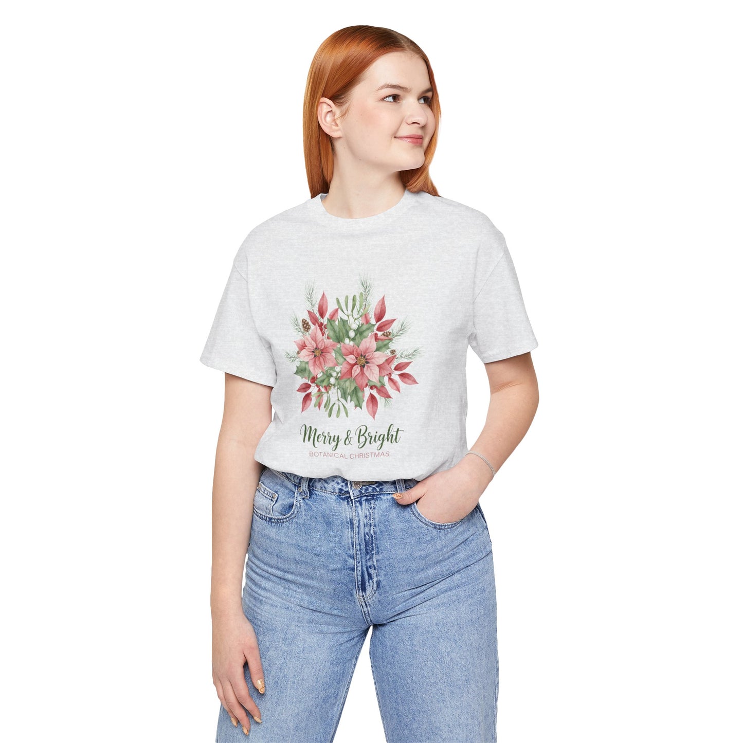 Merry & Bright Floral T-Shirt | Botanical Christmas Tee with Poinsettias