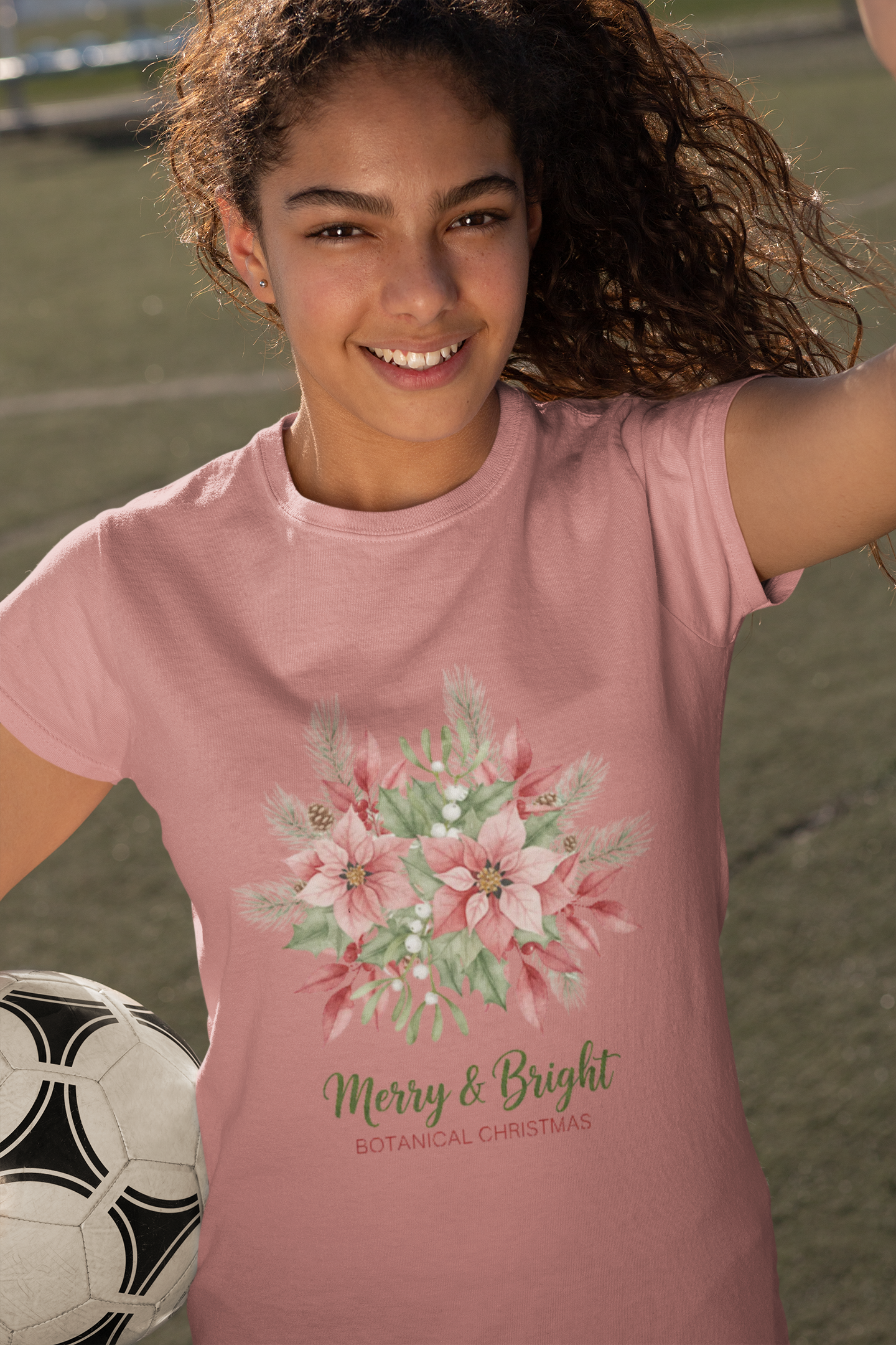 Merry & Bright Floral T-Shirt | Botanical Christmas Tee with Poinsettias