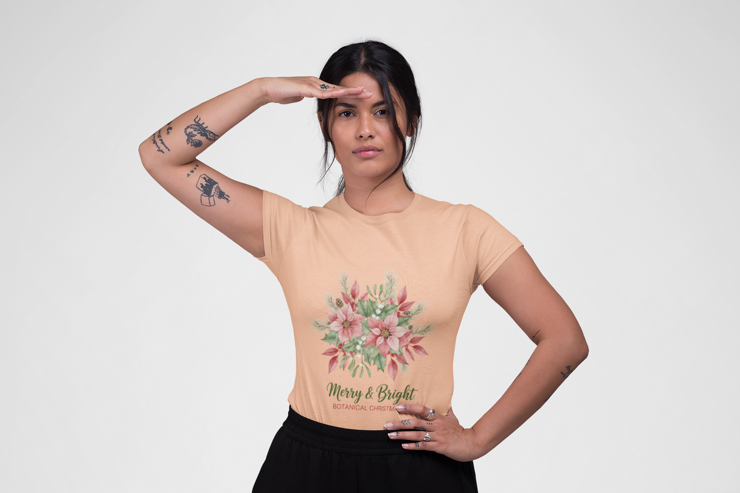 Merry & Bright Floral T-Shirt | Botanical Christmas Tee with Poinsettias