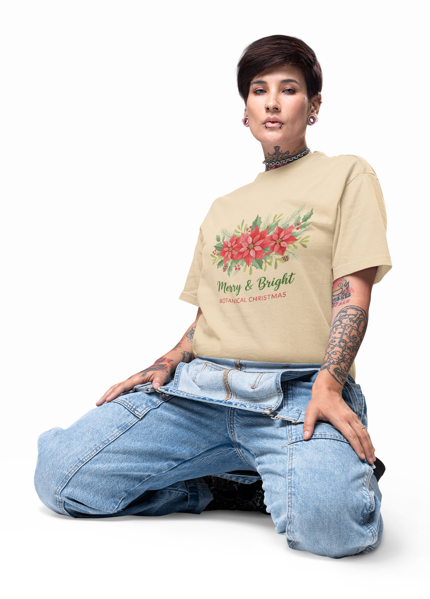 Merry & Bright Botanical Christmas T-Shirt | Festive Poinsettia Floral Tee