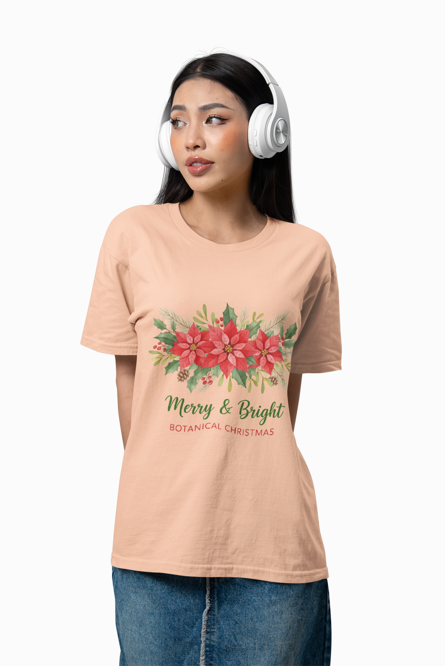 Merry & Bright Botanical Christmas T-Shirt | Festive Poinsettia Floral Tee