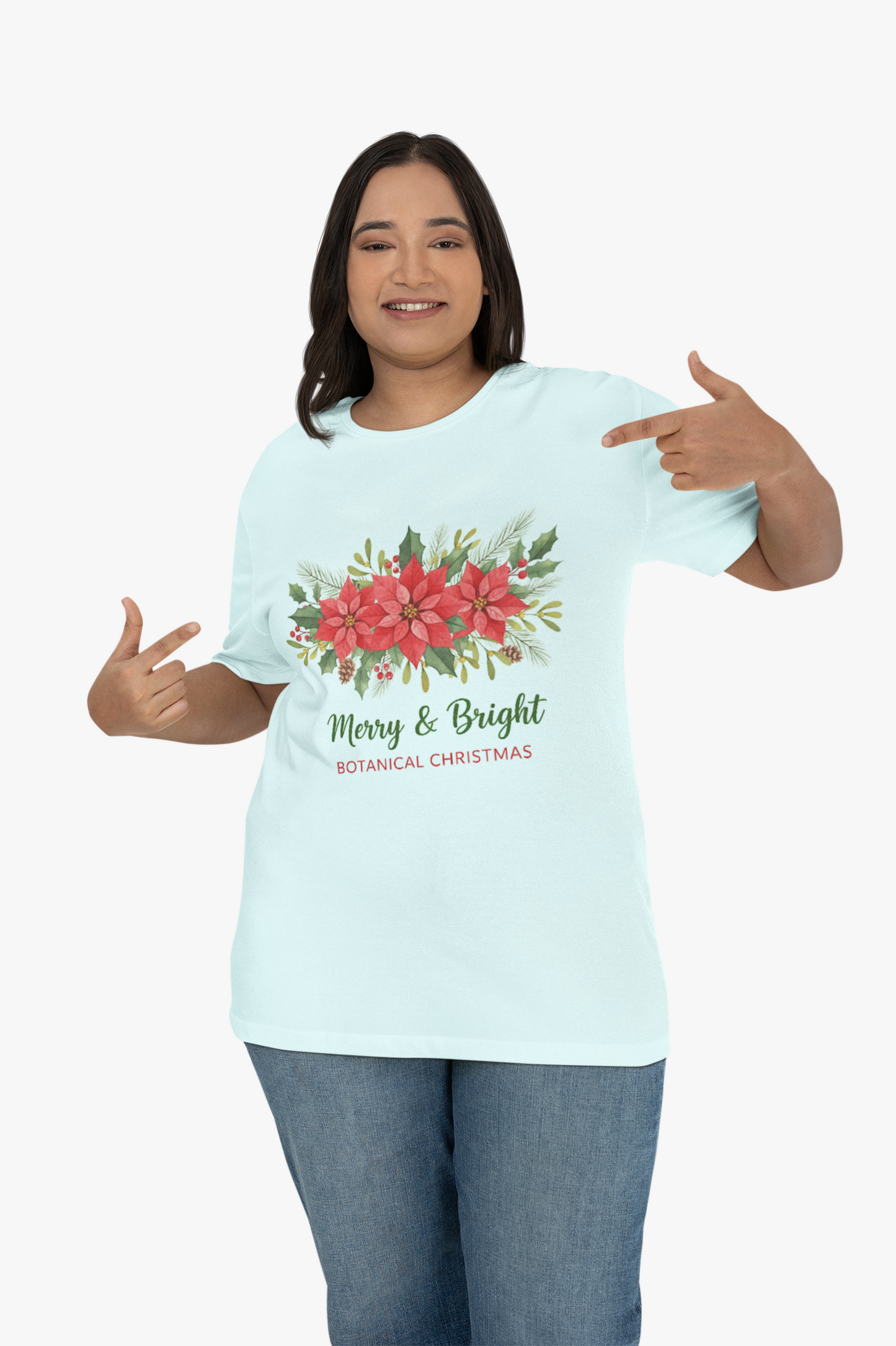 Merry & Bright Botanical Christmas T-Shirt | Festive Poinsettia Floral Tee