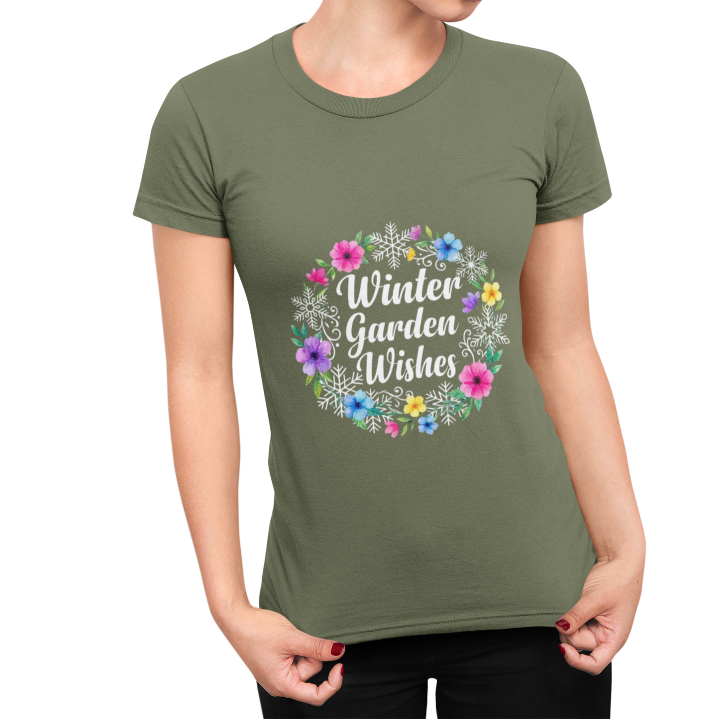 Winter Garden Wishes T-Shirt | Floral Winter Tee (Dark Colors)
