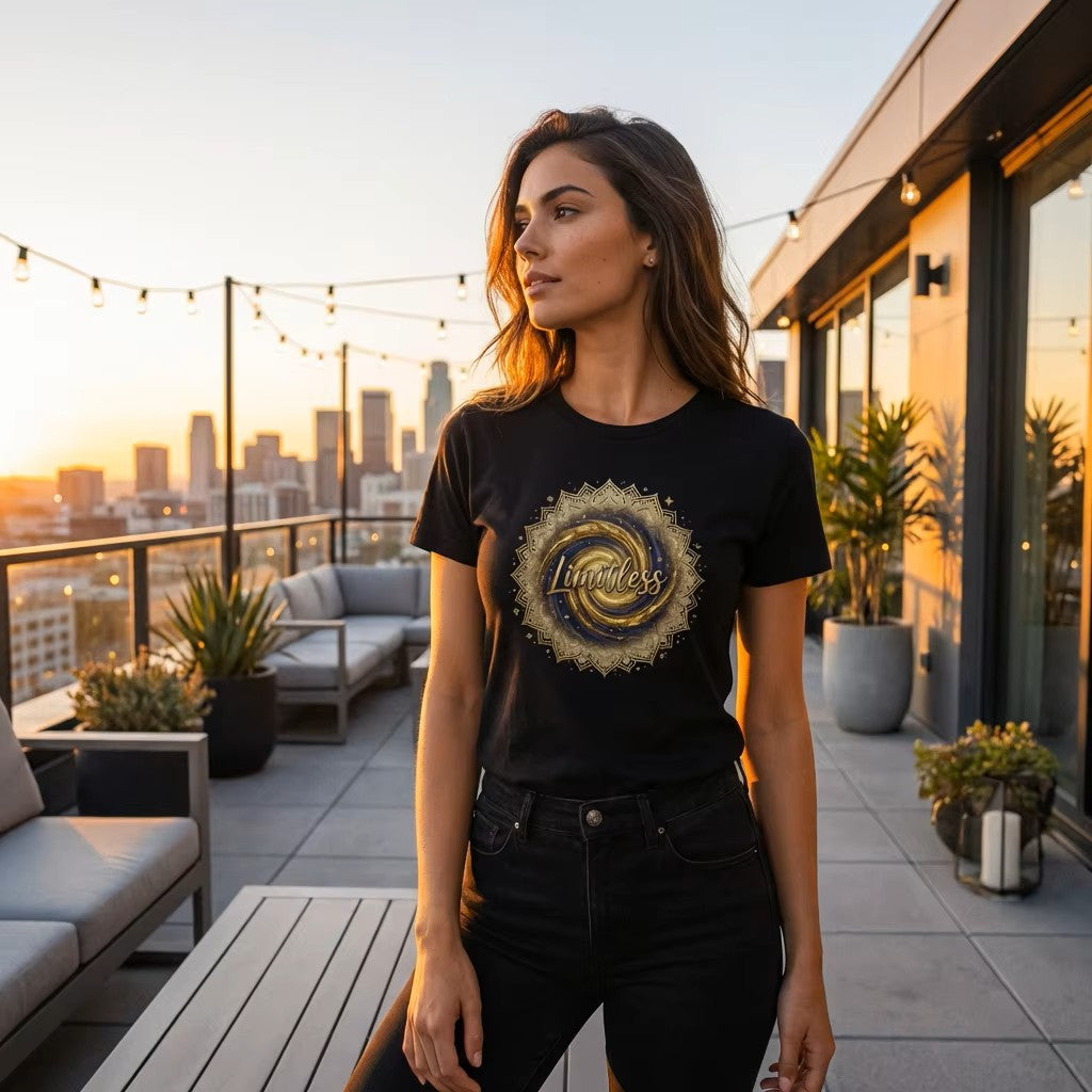 "Limitless" Tee | Inspirational Gold Mandala Galaxy Graphic T-Shirt