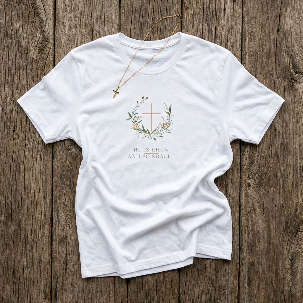 He is Risen Easter T-Shirt | Christian Faith Spring Tee | Botanical Cross Design