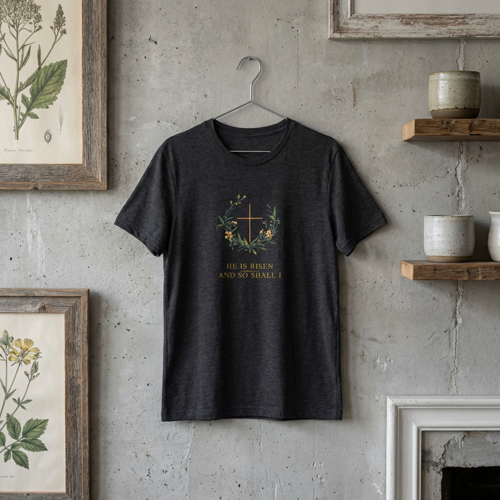 He is Risen Easter T-Shirt | Christian Faith Spring Tee | Botanical Cross Design