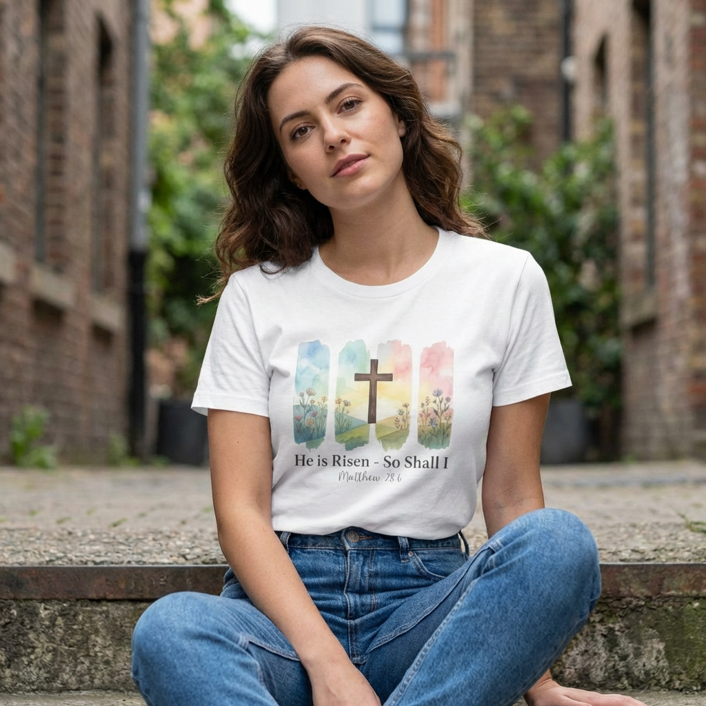 He Is Risen – So Shall I T-Shirt - Watercolor cross landscape design
