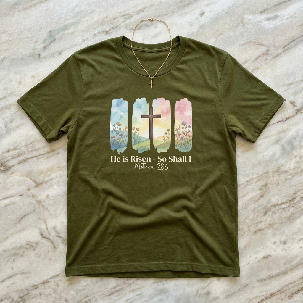 He Is Risen – So Shall I T-Shirt - Watercolor cross landscape design