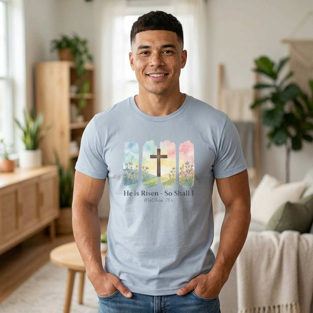 He Is Risen – So Shall I T-Shirt - Watercolor cross landscape design