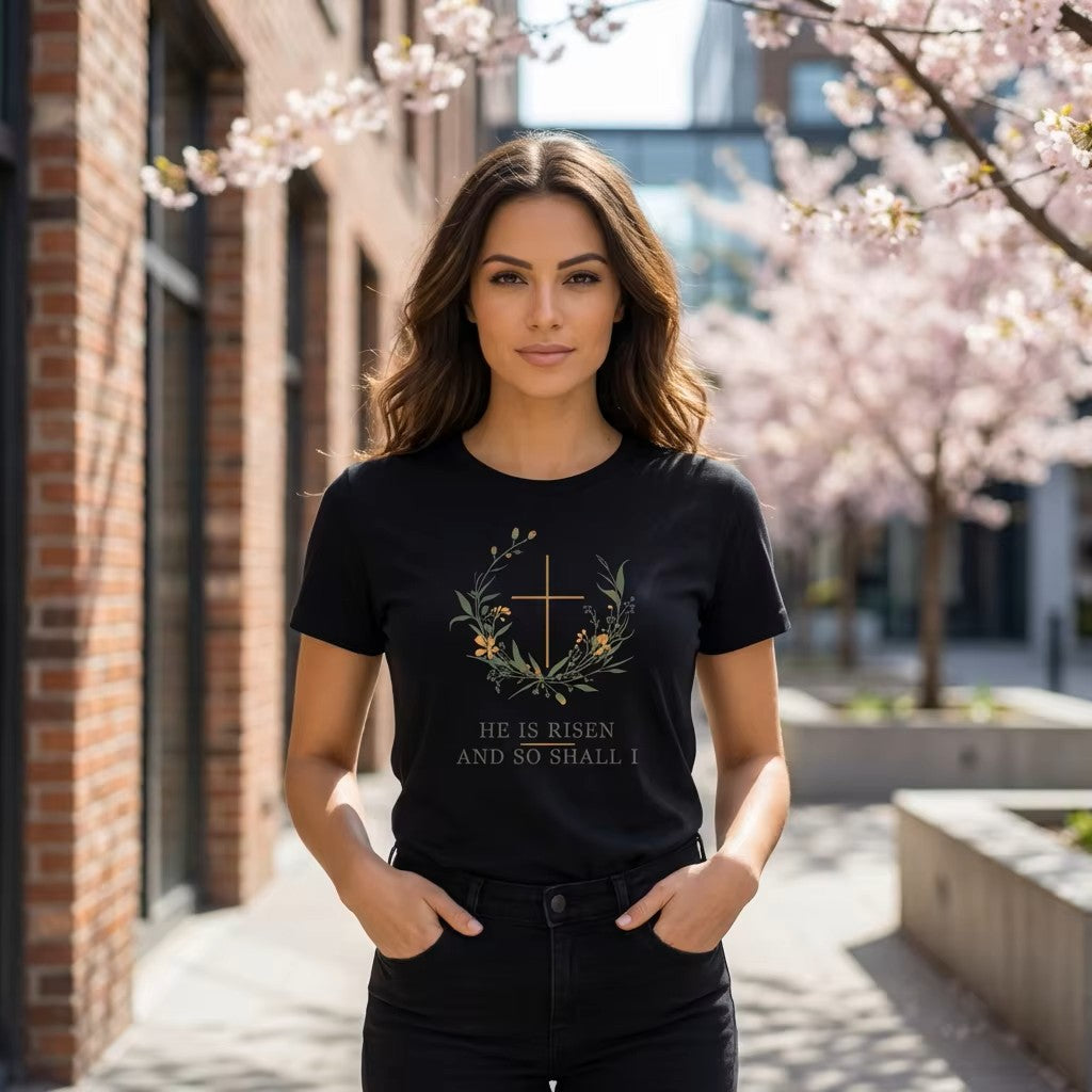 He is Risen Easter T-Shirt | Christian Faith Spring Tee | Botanical Cross Design