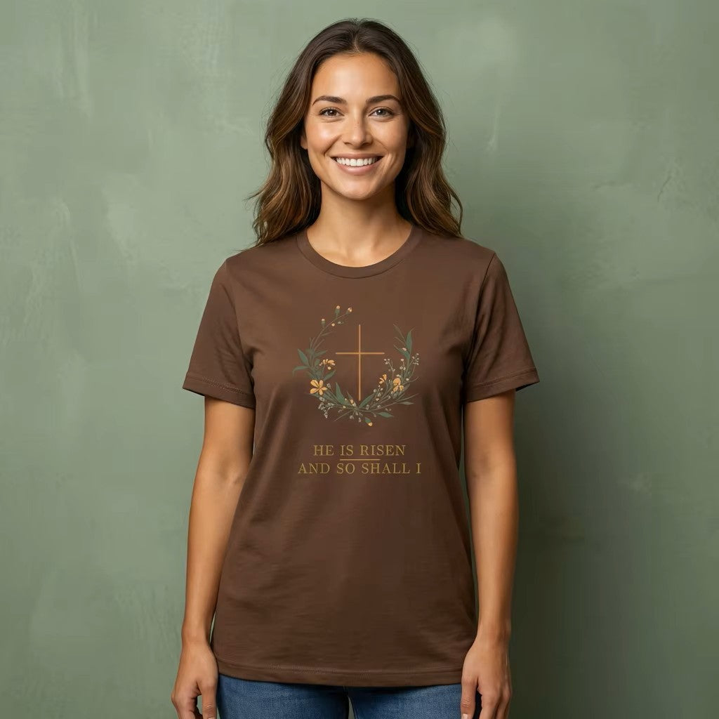 He is Risen Easter T-Shirt | Christian Faith Spring Tee | Botanical Cross Design