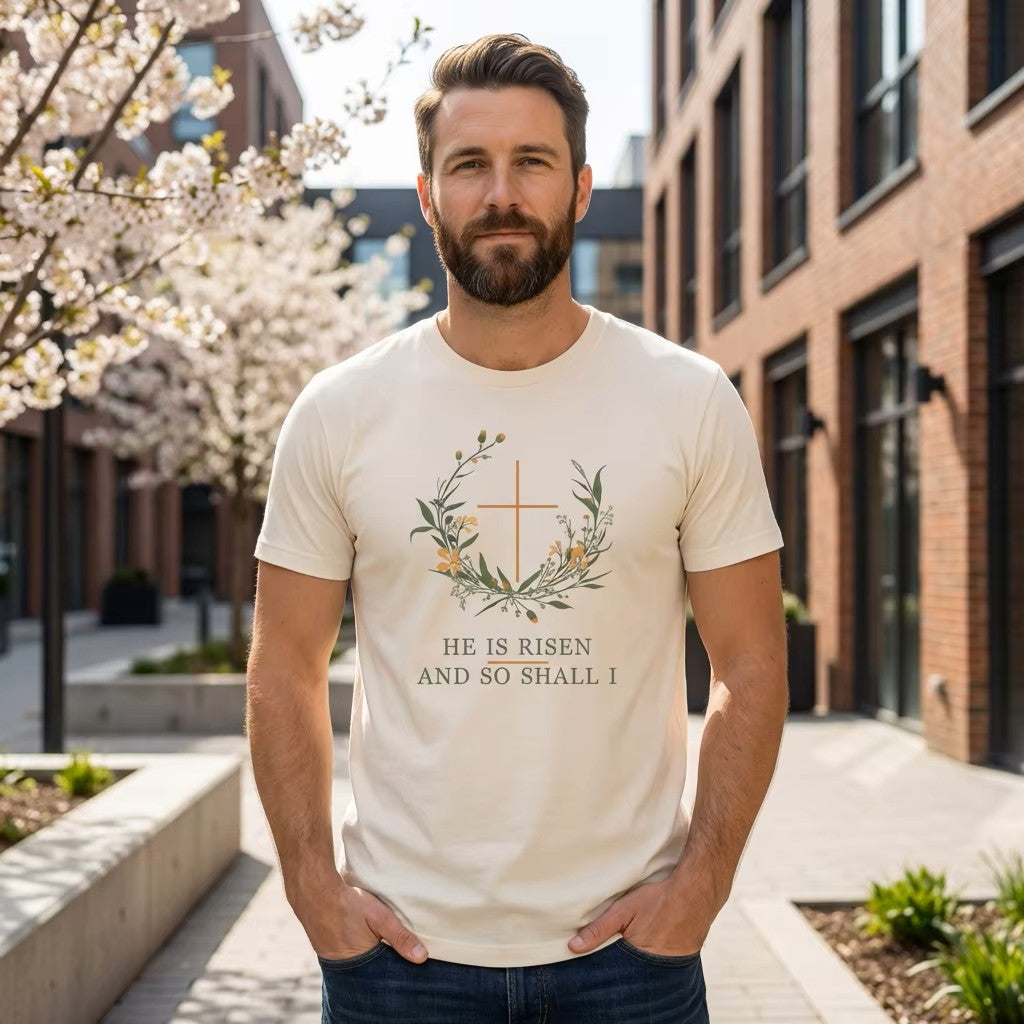 He is Risen Easter T-Shirt | Christian Faith Spring Tee | Botanical Cross Design