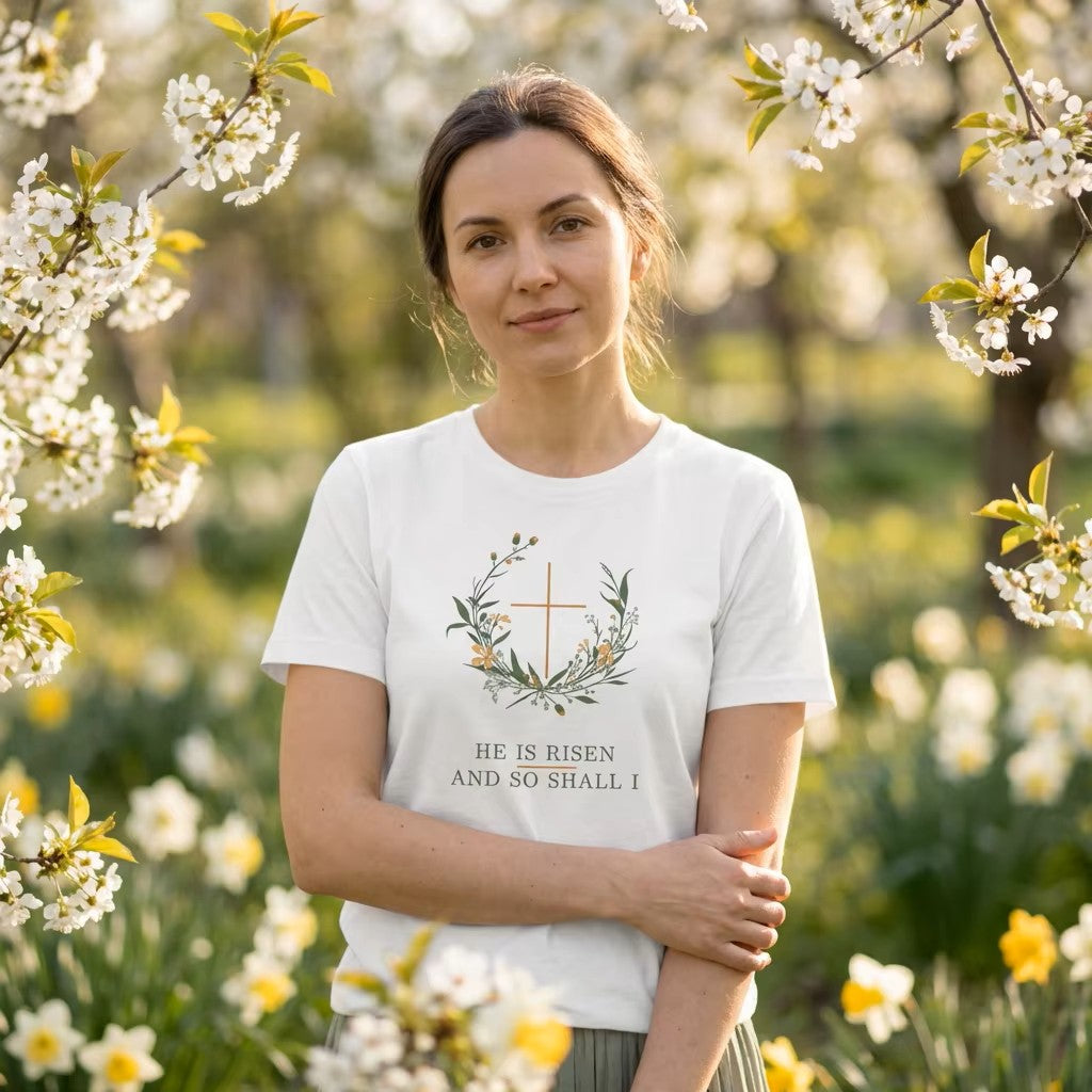 He is Risen Easter T-Shirt | Christian Faith Spring Tee | Botanical Cross Design