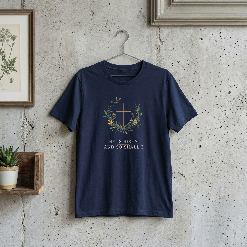 He is Risen Easter T-Shirt | Christian Faith Spring Tee | Botanical Cross Design
