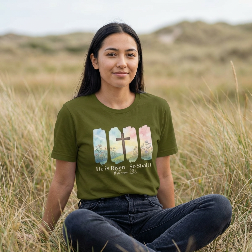 He Is Risen – So Shall I T-Shirt - Watercolor cross landscape design