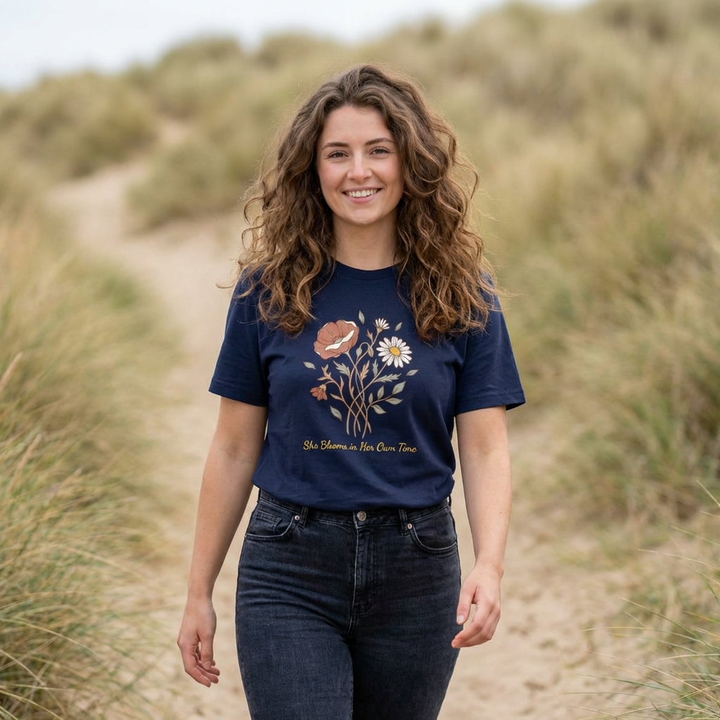 She Blooms in Her Own Time T-Shirt | Spring Botanical Tee