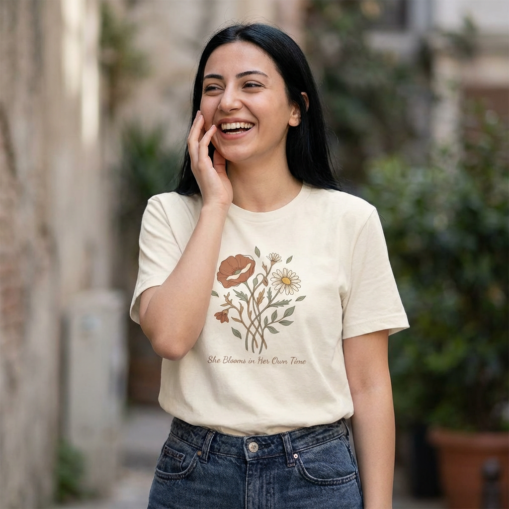 She Blooms in Her Own Time T-Shirt | Spring Botanical Tee