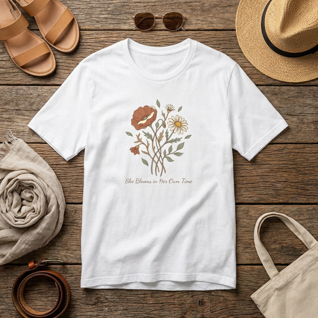 She Blooms in Her Own Time T-Shirt | Spring Botanical Tee
