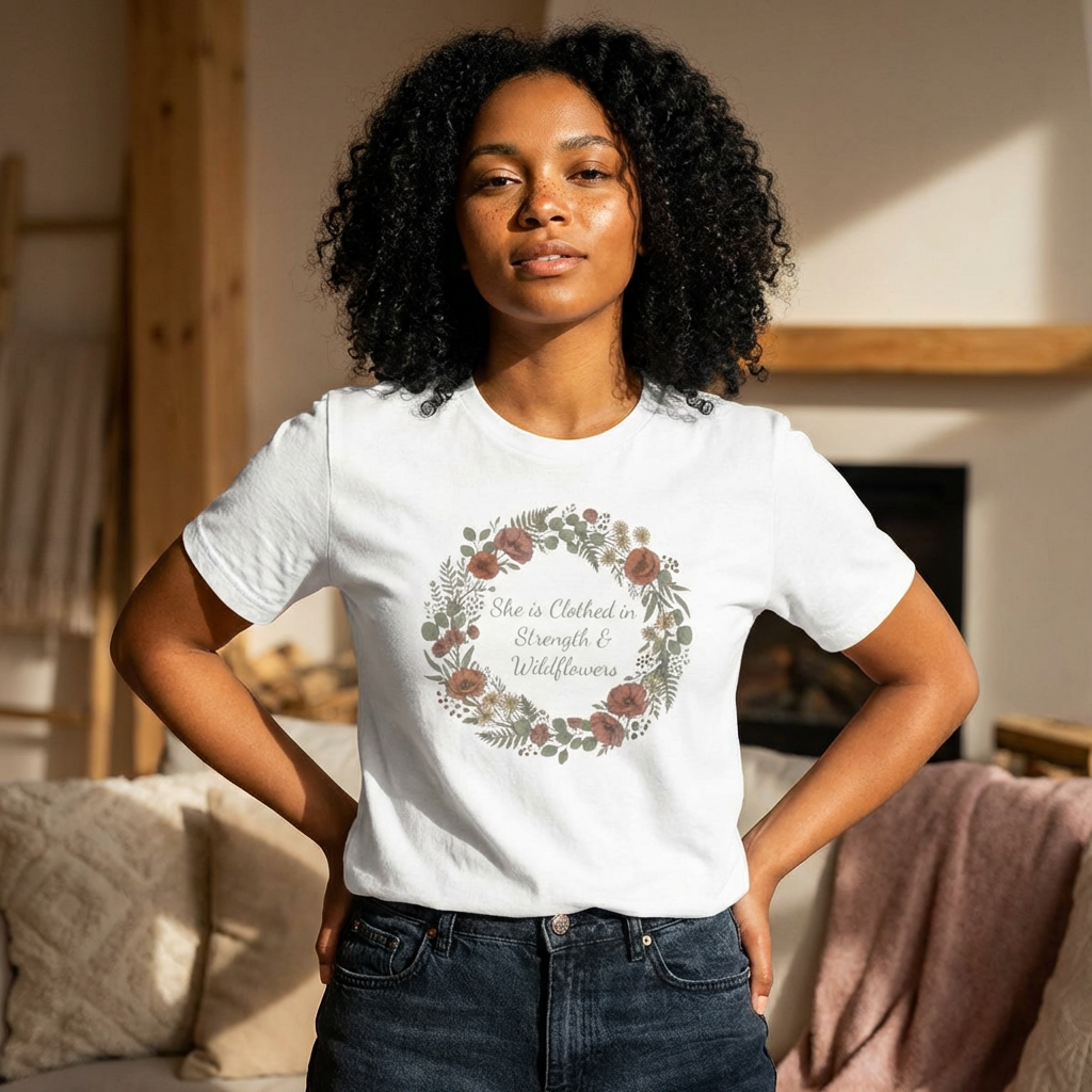 She is Clothed in Strength & Wildflowers T-Shirt | Floral Mother's Day Tee | Elegant Women's Shirt