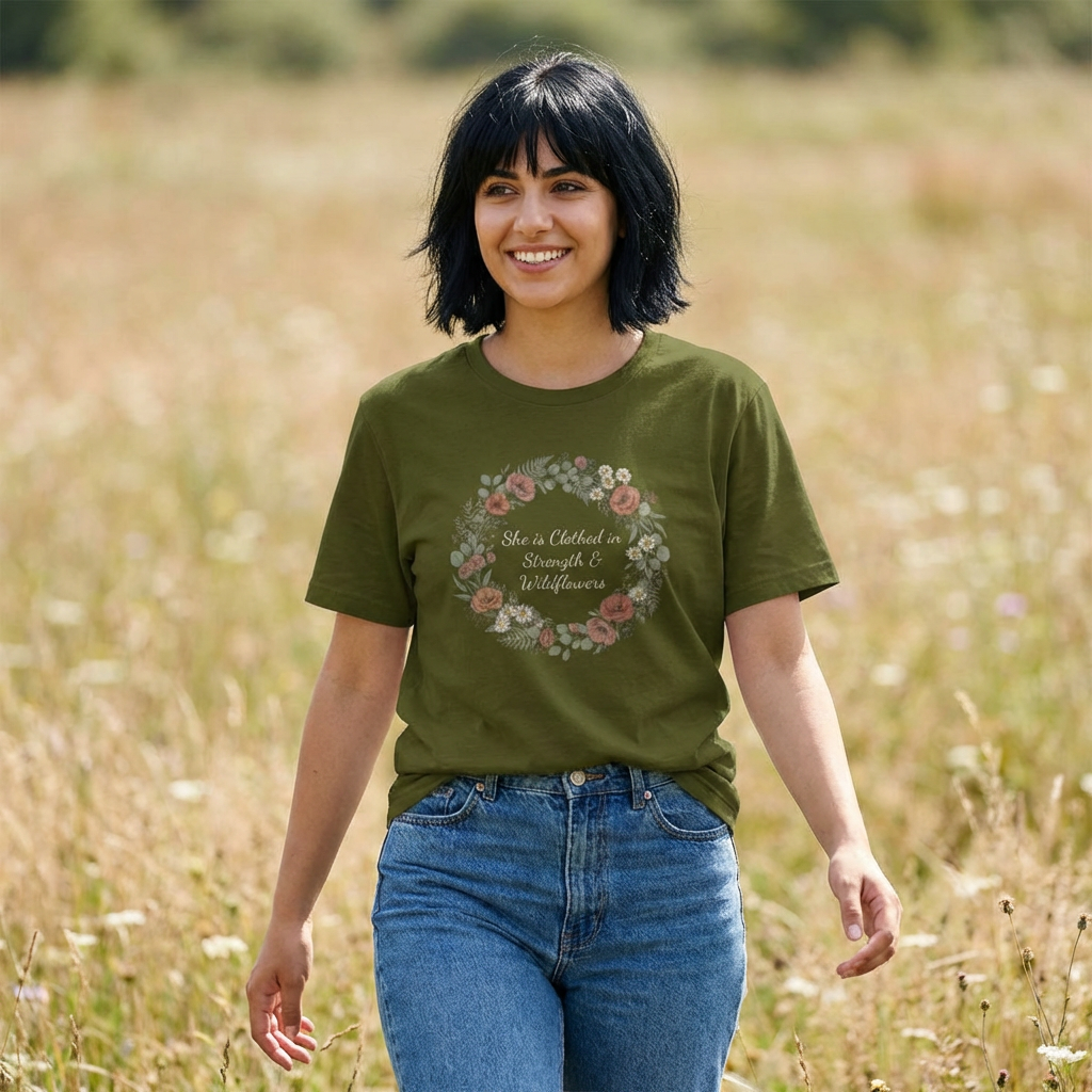 She is Clothed in Strength & Wildflowers T-Shirt | Floral Mother's Day Tee | Elegant Women's Shirt