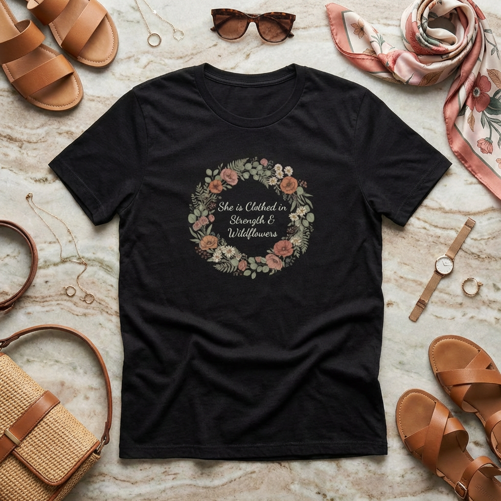 She is Clothed in Strength & Wildflowers T-Shirt | Floral Mother's Day Tee | Elegant Women's Shirt