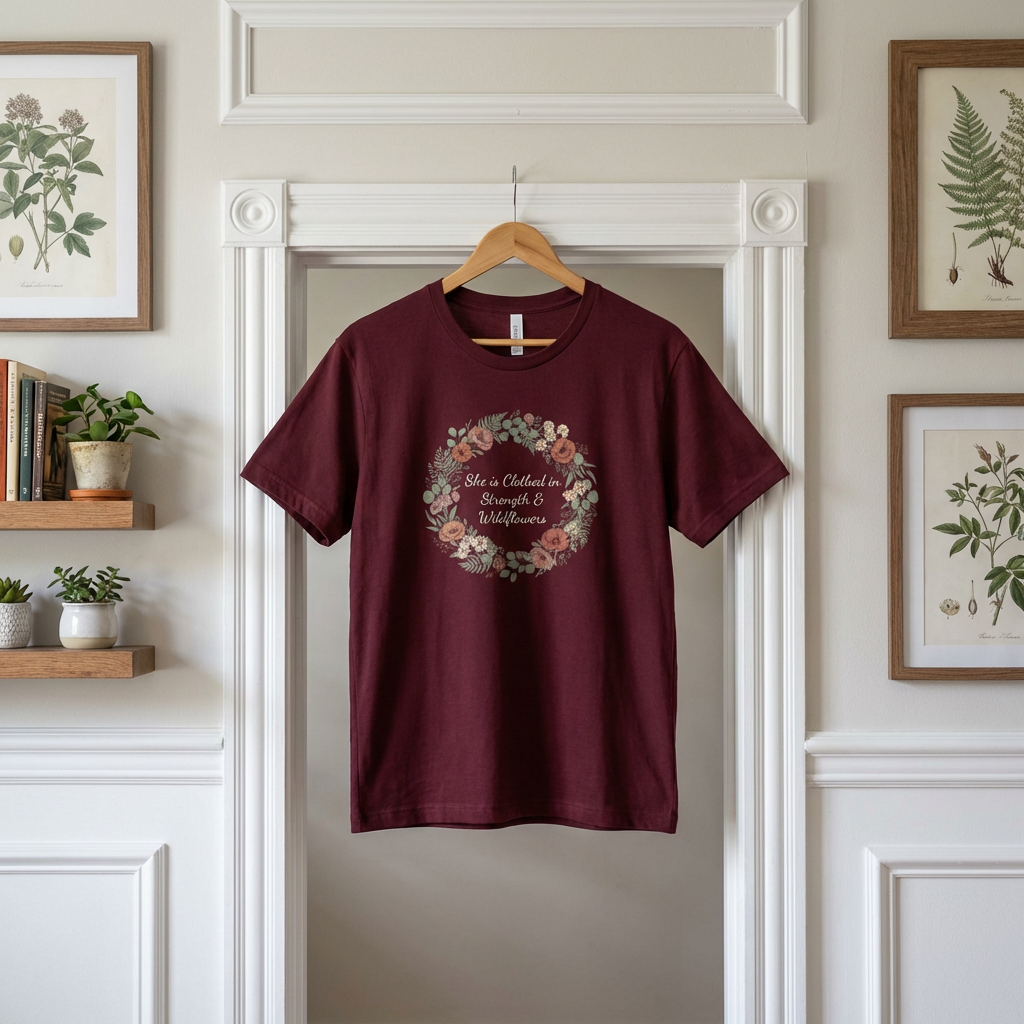 She is Clothed in Strength & Wildflowers T-Shirt | Floral Mother's Day Tee | Elegant Women's Shirt