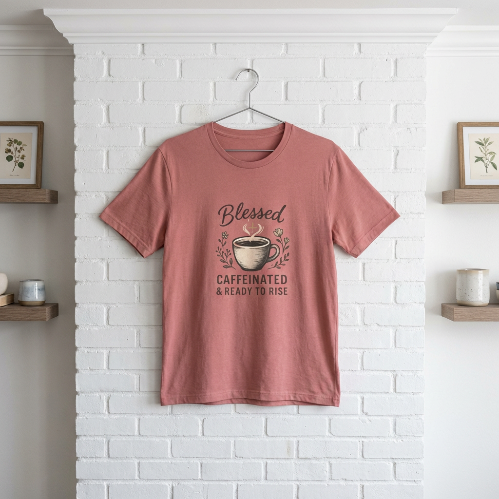 Blessed Caffeinated & Ready to Rise T-Shirt | Faith Coffee Tee | Funny Christian Gift