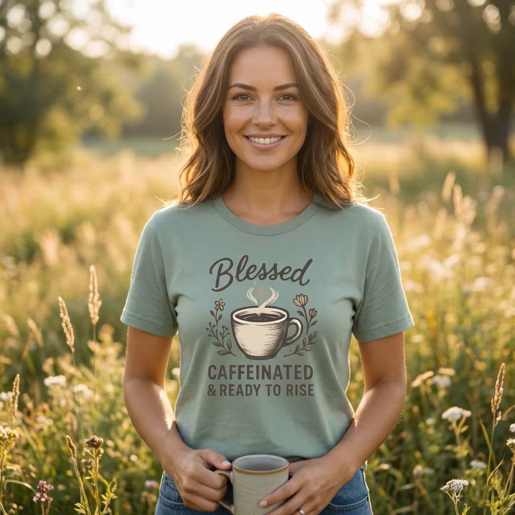 Blessed Caffeinated & Ready to Rise T-Shirt | Faith Coffee Tee | Funny Christian Gift