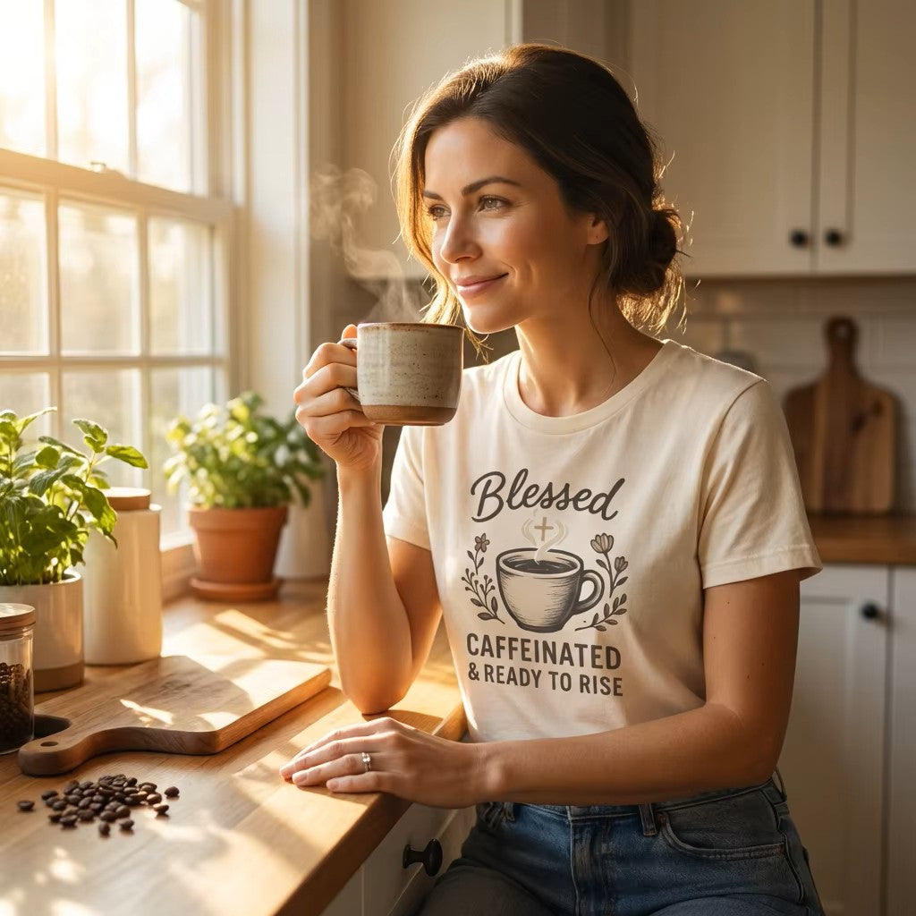 Blessed Caffeinated & Ready to Rise T-Shirt | Faith Coffee Tee | Funny Christian Gift