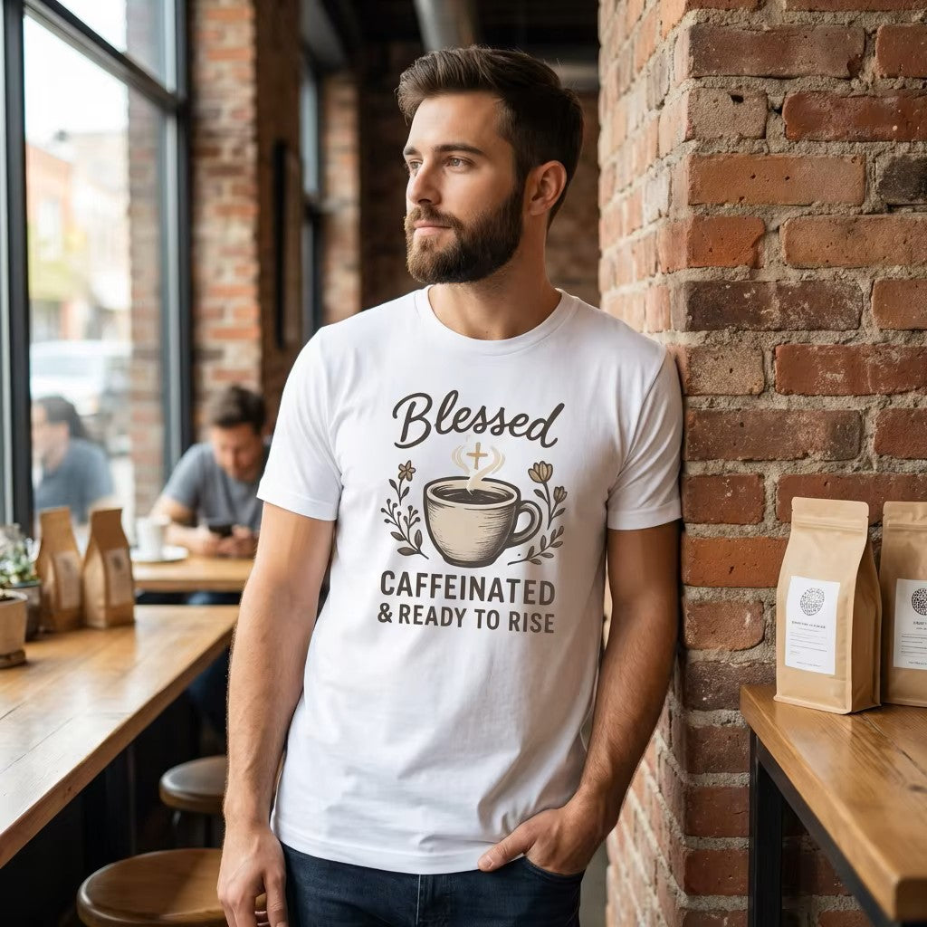 Blessed Caffeinated & Ready to Rise T-Shirt | Faith Coffee Tee | Funny Christian Gift