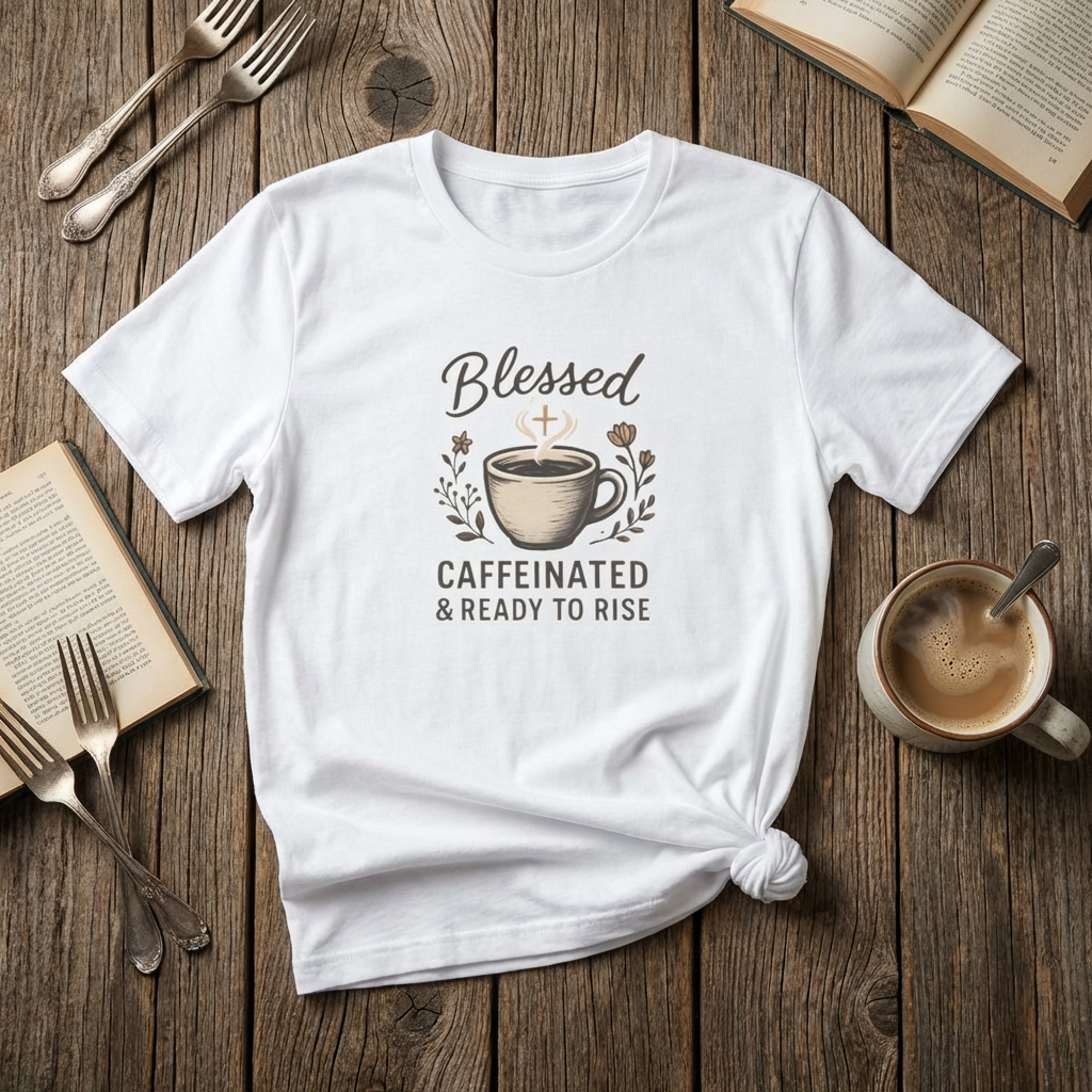 Blessed Caffeinated & Ready to Rise T-Shirt | Faith Coffee Tee | Funny Christian Gift