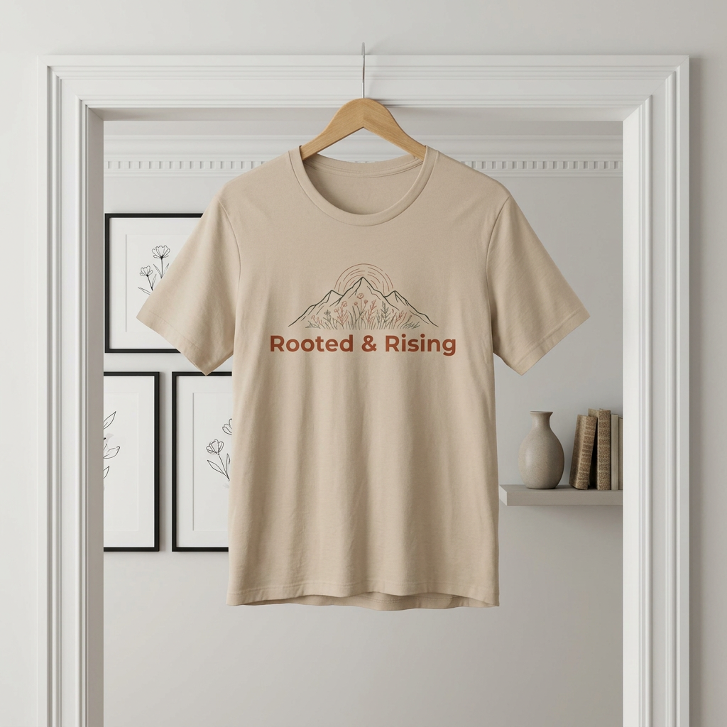 Rooted and Rising T-Shirt | Nature Adventure Spring Tee | Mountain Shirt | Outdoor Graphic Tee | Hiking Gift