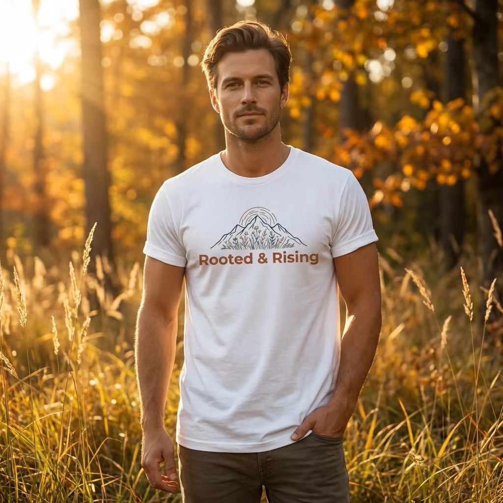 Rooted and Rising T-Shirt | Nature Adventure Spring Tee | Mountain Shirt | Outdoor Graphic Tee | Hiking Gift