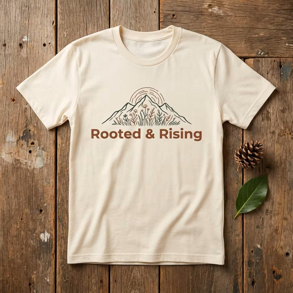 Rooted and Rising T-Shirt | Nature Adventure Spring Tee | Mountain Shirt | Outdoor Graphic Tee | Hiking Gift