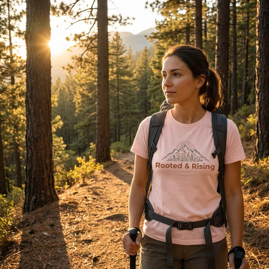 Rooted and Rising T-Shirt | Nature Adventure Spring Tee | Mountain Shirt | Outdoor Graphic Tee | Hiking Gift