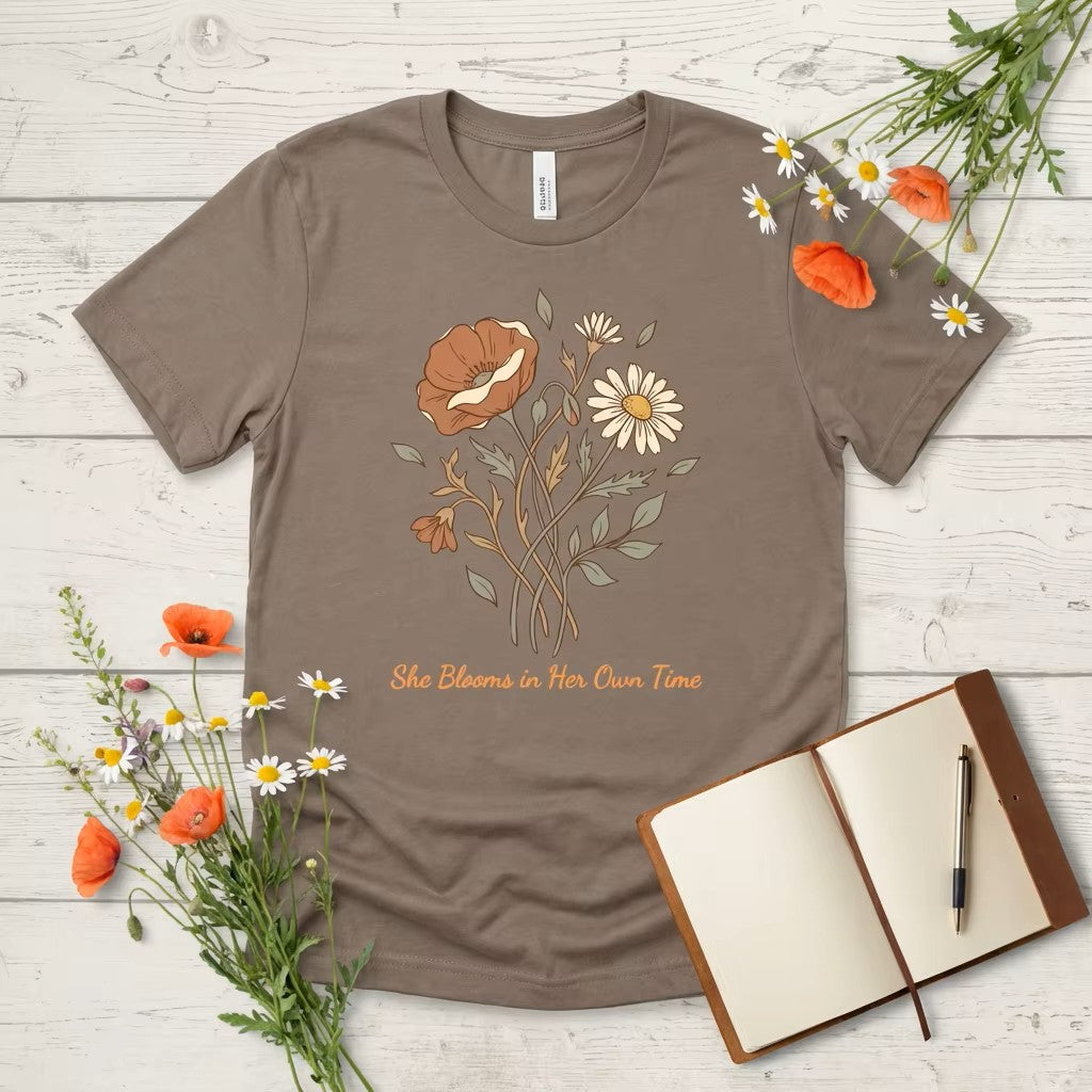 She Blooms in Her Own Time T-Shirt | Spring Botanical Tee